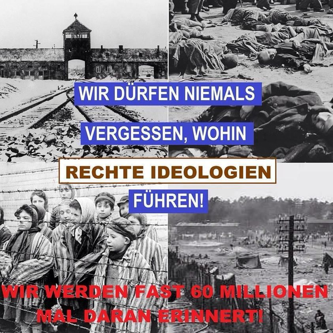 Auch heute erinnern, wozu es führen kann, wenn #Hass &amp; #Hetze verbreitet + Ängste geschürt werden, wenn Leute einfache Antworten auf komplexe Fragen glauben, sich von #Rassisten &amp; #Faschisten instrumentalisieren lassen +#noNazis #noAfD wählen.
#Wirsindbunt #wirsindmehr 
!B