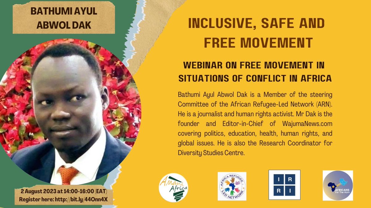 ARN_africa's tweet photo. Human movement is fundamental human rights. Join us together with @IntRefRights, @ARN_africa &amp; @africa_amani as we discuss #FreeMovement in #Conflict situations. Seeking safety from #war/#conflict is a human right. #SudanCrisis #SudanWar 

Register here: https://t.co/B8XHg0ZlI0 https://t.co/ge4l6KW6Wd