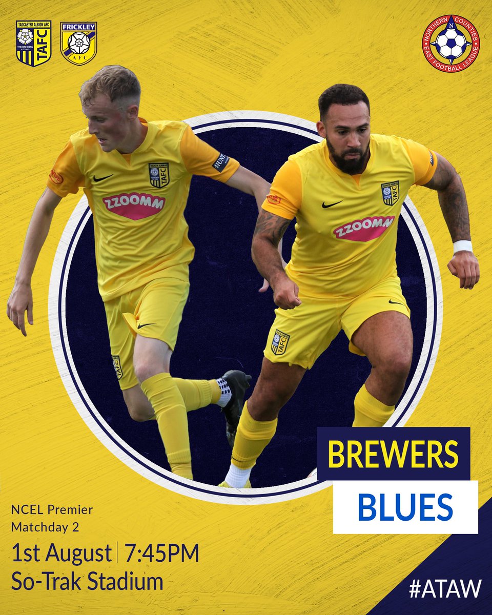TadcasterAlbion's tweet photo. 𝐌𝐀𝐓𝐂𝐇𝐃𝐀𝐘! 👊

Tonight we welcome @frickleyafc to the @sotrakltd Stadium for our first home game of the @NCEL season.

Come on down and back the Brewers! 👊

#ATAW 💛 https://t.co/MPlr8CVcoL