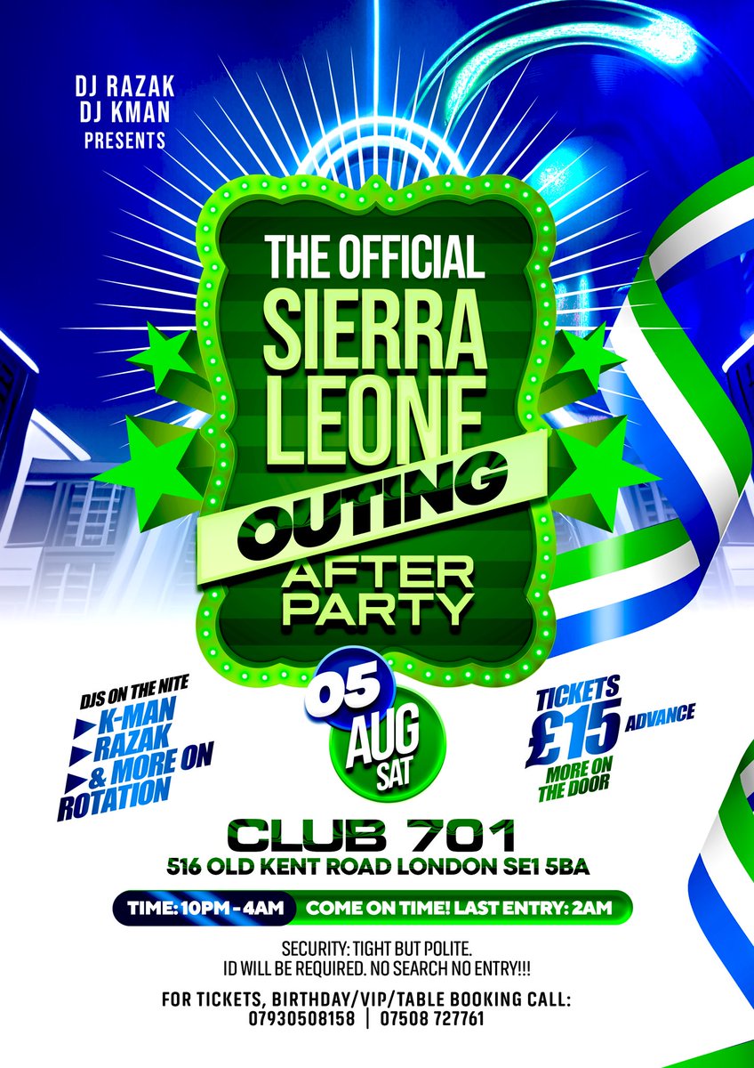 AfroBeatsU's tweet photo. SL🇸🇱UK🇬🇧 outing 2023 this Saturday at Southend-On-Sea. The Official Outing after party🎉🎉🎉 dis Saturday at club 701 London SE1 5BA👌👌👌. https://t.co/hwdsX1tPyt
