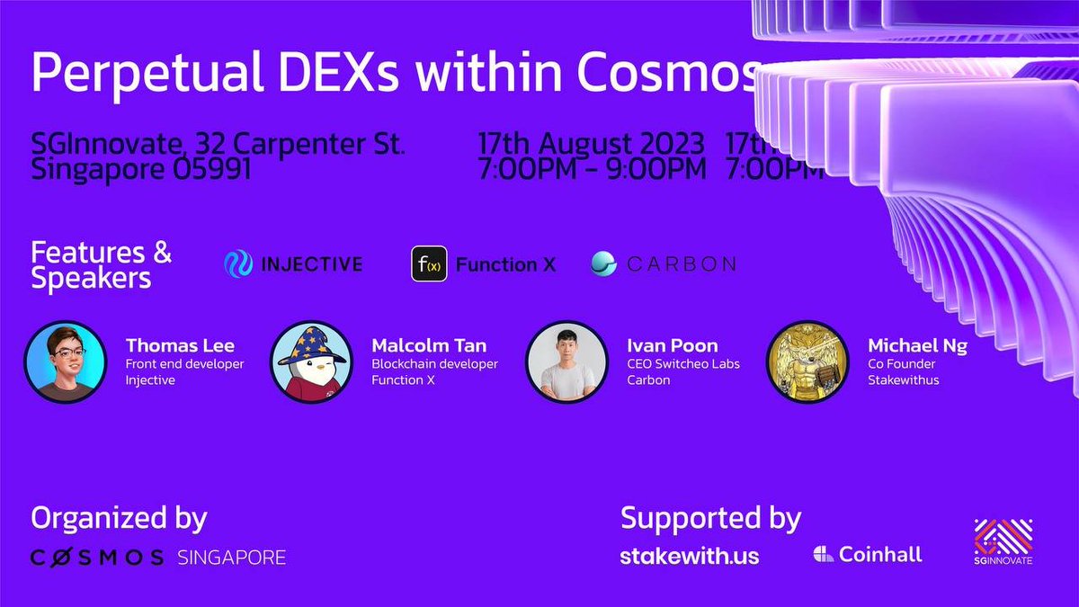 Stakewithus (@stakewithus) on Twitter photo We have an upcoming event with <a href="/coinhall_org/">Coinhall ๐ ๐</a> for <a href="/CosmosSingapore/">Cosmos Singapore</a> this August! ๐
Join <a href="/maigoh91/">Michael Ng</a> and our Cosmos ecosystem guests from <a href="/Injective_/">ninja</a> @FUNCTIONX_IO <a href="/0xcarbon/">Carbon - SWTH ๐</a> on Aug 17th, 7pm in Singapore, for a discussion on Perpetual DEXs.
Register here: bit.ly/3Qma1Zd We have an upcoming event with <a href="/coinhall_org/">Coinhall ๐ ๐</a> for <a href="/CosmosSingapore/">Cosmos Singapore</a> this August! ๐
Join <a href="/maigoh91/">Michael Ng</a> and our Cosmos ecosystem guests from <a href="/Injective_/">ninja</a> @FUNCTIONX_IO <a href="/0xcarbon/">Carbon - SWTH ๐</a> on Aug 17th, 7pm in Singapore, for a discussion on Perpetual DEXs.
Register here: bit.ly/3Qma1Zd