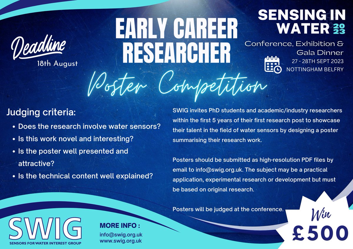 SWIG (@watersensors) on Twitter photo Inviting talented PhD students and early-career researchers to showcase their groundbreaking research work at Sensing in Water 2023: lnkd.in/ei69F54t.
PDF poster submissions to info@swig.org.uk before 18th August!
Finalist posters will be displayed (A1 dimensions) Inviting talented PhD students and early-career researchers to showcase their groundbreaking research work at Sensing in Water 2023: lnkd.in/ei69F54t.
PDF poster submissions to info@swig.org.uk before 18th August!
Finalist posters will be displayed (A1 dimensions)