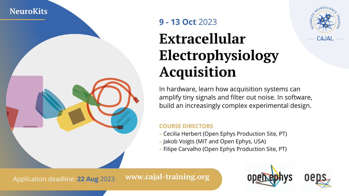 Applications open for the #Cajal #NeuroKit on Extracellular #Electrophysiology Acquisition! ⏰ By 22 August 👉 Info & applications: loom.ly/PrPXUb0 📆 9-13 Oct 2023 🌏 Online + Kit sent by post 👥 @ChuckleScience @jvoigts Filipe Carvalho @oepsTeam @OpenEphys