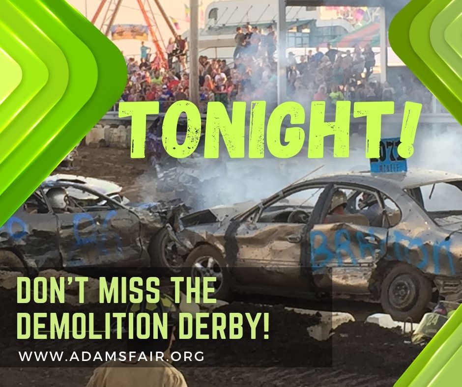 AdamsCountyFair's tweet photo. TONIGHT!! Our Demolition Derby is a
crowd favorite. Watch as we send off the fair week
with a crash! Don't miss the exciting conclusion of the
Adams County Fair!
Action begins at 6:30p.m.
https://t.co/xfpJdmKK8D
#AdamsCoFairIL https://t.co/oHqabLht6L
