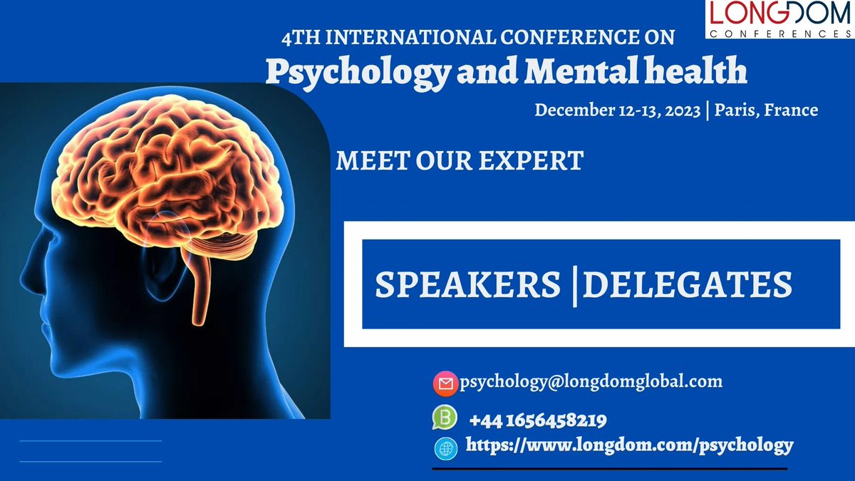 Thrilled to announce 4th International Conference on
Psychology and Mental Health on December12-13, 2023 at Paris, France.
Don't miss this opportunity to be part of the conversation shaping the future of Psychology. Join us by using this linkhttps://lnkd.in/deE8Sbut