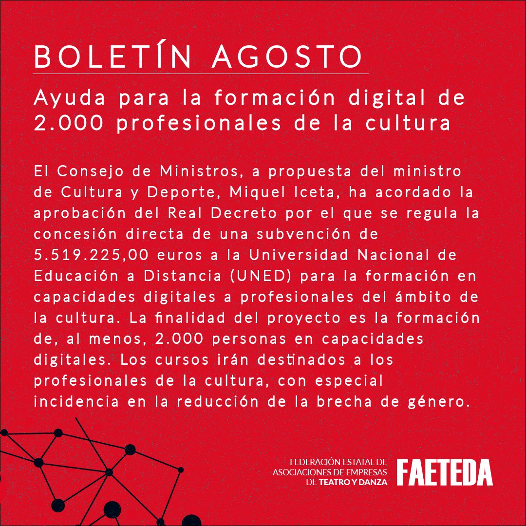 faetedaorg's tweet photo. 🇪🇸🇪🇺 Este mes de agosto en nuestro #BoletínFAETEDA: Ayudas para la formación digital de profesionales, lanzamiento del club de políticas de cultura y sociedad y otras noticias.

📰 Lee nuestro boletín ⬇️
https://t.co/x9mzPkk2vF

¡Suscríbete! ⬇️
https://t.co/D1KqYpmYCX https://t.co/14XB7z4G1e