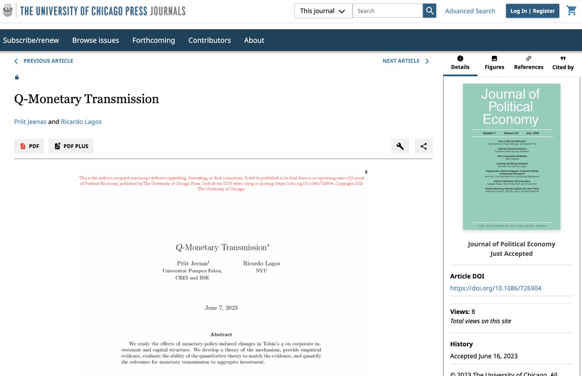Good time to resurrect this 🧵 on "Q-Monetary Transmission" with <a href="/Lagos_R_/">Ricardo Lagos ⭐️⭐️⭐️</a> , now "Just Accepted" at <a href="/JPolEcon/">JPE</a>.

(A few decimals have been updated during revisions, but the main ideas in the 🧵 apply fully to the final version.) Looking forward to seeing it in print!
