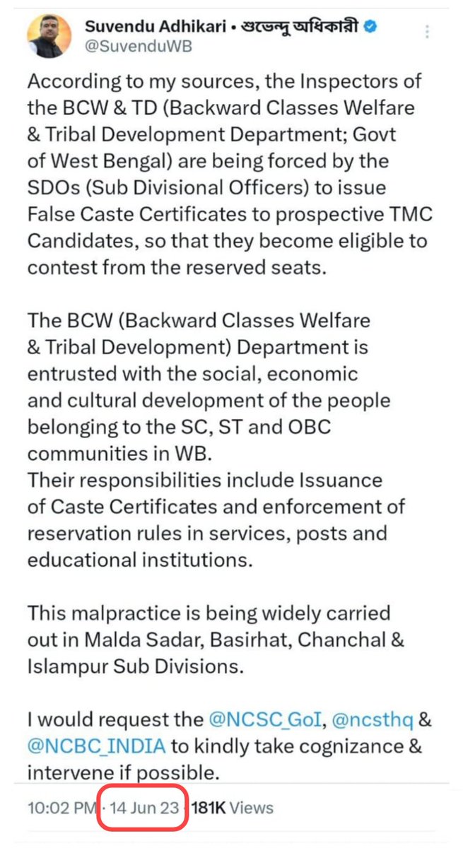 SuvenduWB's tweet photo. “As you sow, so shall you reap”.
A section of the BDOs & SDOs forgot this proverb while helping TMC Panchayat Candidates in getting fake Caste Certificates, in order to become eligible for contesting unethically  from the Reserved Seats.

I flagged this issue in 2 of my earlier tweets (screenshot annexed herewith).

Now as per this media report, there's chatter in WhatsApp group of BDOs & SDOs regarding their apprehension that action would be taken against them by the Hon'ble Courts:-

https://t.co/jGwP3FeYn2

Their fears have grown multifold since the Order of Suspension of Uluberia-1 BDO Niladri Dey, SDO Shamik Kumar Ghosh and OBC Department official Kripasindhu Samui.

Let me tell these Govt Officers, when they will be pulled up in the Courts; the first one to dump them would be the WB Govt Counsel who would try to draw a line of distinction between them and the State Govt, stating that these Officers are liable for their own misdeeds and the Govt had nothing to do with it.