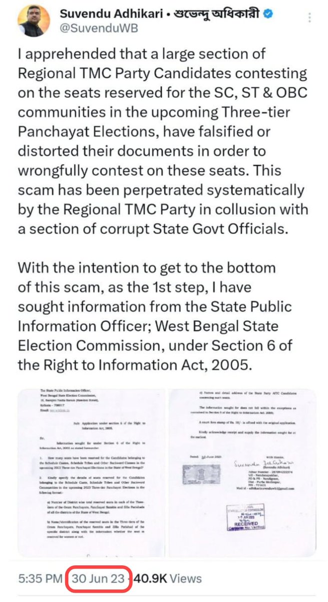SuvenduWB's tweet photo. “As you sow, so shall you reap”.
A section of the BDOs & SDOs forgot this proverb while helping TMC Panchayat Candidates in getting fake Caste Certificates, in order to become eligible for contesting unethically  from the Reserved Seats.

I flagged this issue in 2 of my earlier tweets (screenshot annexed herewith).

Now as per this media report, there's chatter in WhatsApp group of BDOs & SDOs regarding their apprehension that action would be taken against them by the Hon'ble Courts:-

https://t.co/jGwP3FeYn2

Their fears have grown multifold since the Order of Suspension of Uluberia-1 BDO Niladri Dey, SDO Shamik Kumar Ghosh and OBC Department official Kripasindhu Samui.

Let me tell these Govt Officers, when they will be pulled up in the Courts; the first one to dump them would be the WB Govt Counsel who would try to draw a line of distinction between them and the State Govt, stating that these Officers are liable for their own misdeeds and the Govt had nothing to do with it.