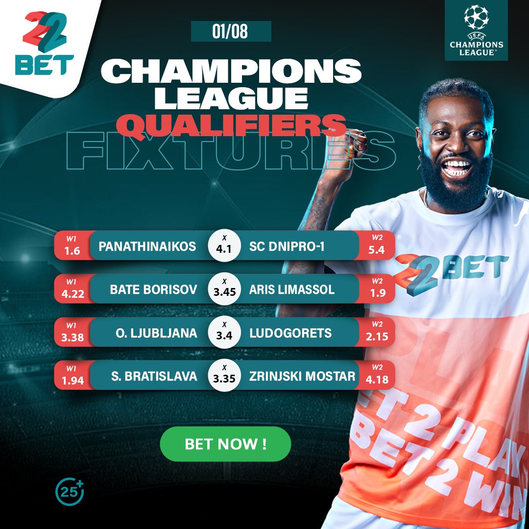 22BET_Uganda's tweet photo. 🏆UCL Qualification🚀

🚨 Kick off the new month with the #BestOdds on UCL Qualification with Ludogorets, Panathinaikos &amp; more in action.

Play here 📲 https://t.co/XVbrT5aQqW

#UCLQualification #22BetUganda https://t.co/gRV5g6ZLiK