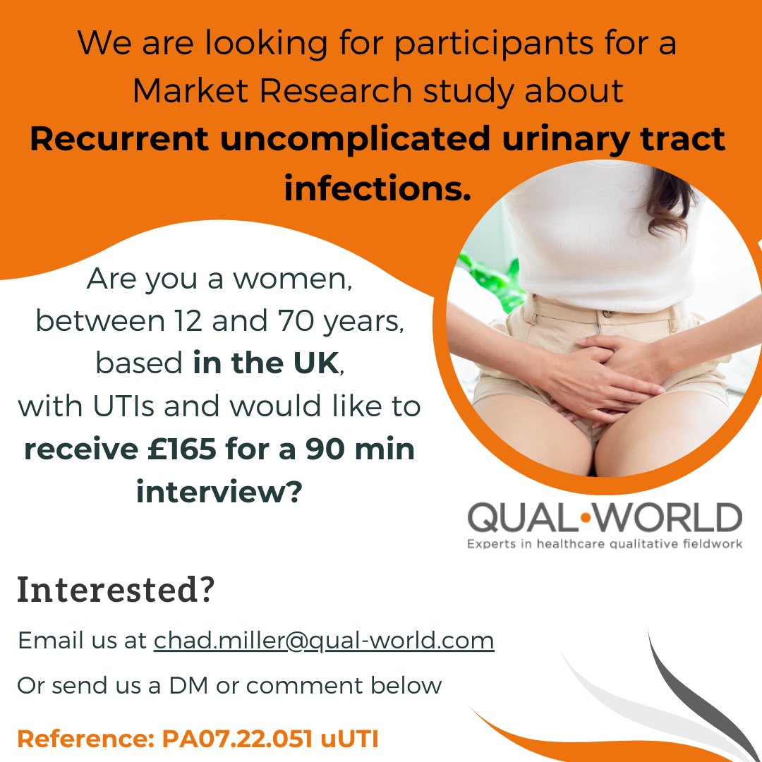 QualWorld's tweet photo. Participate in our market research study about recurrent uncomplicated urinary tract infections (UTIs). 

#uti #urinarytractinfection #urinarytractinfections #urinaryinfection #urinaryincontinence #urinaryinfections #uk #marketresearch #qualworld https://t.co/xxKCM1Bgod