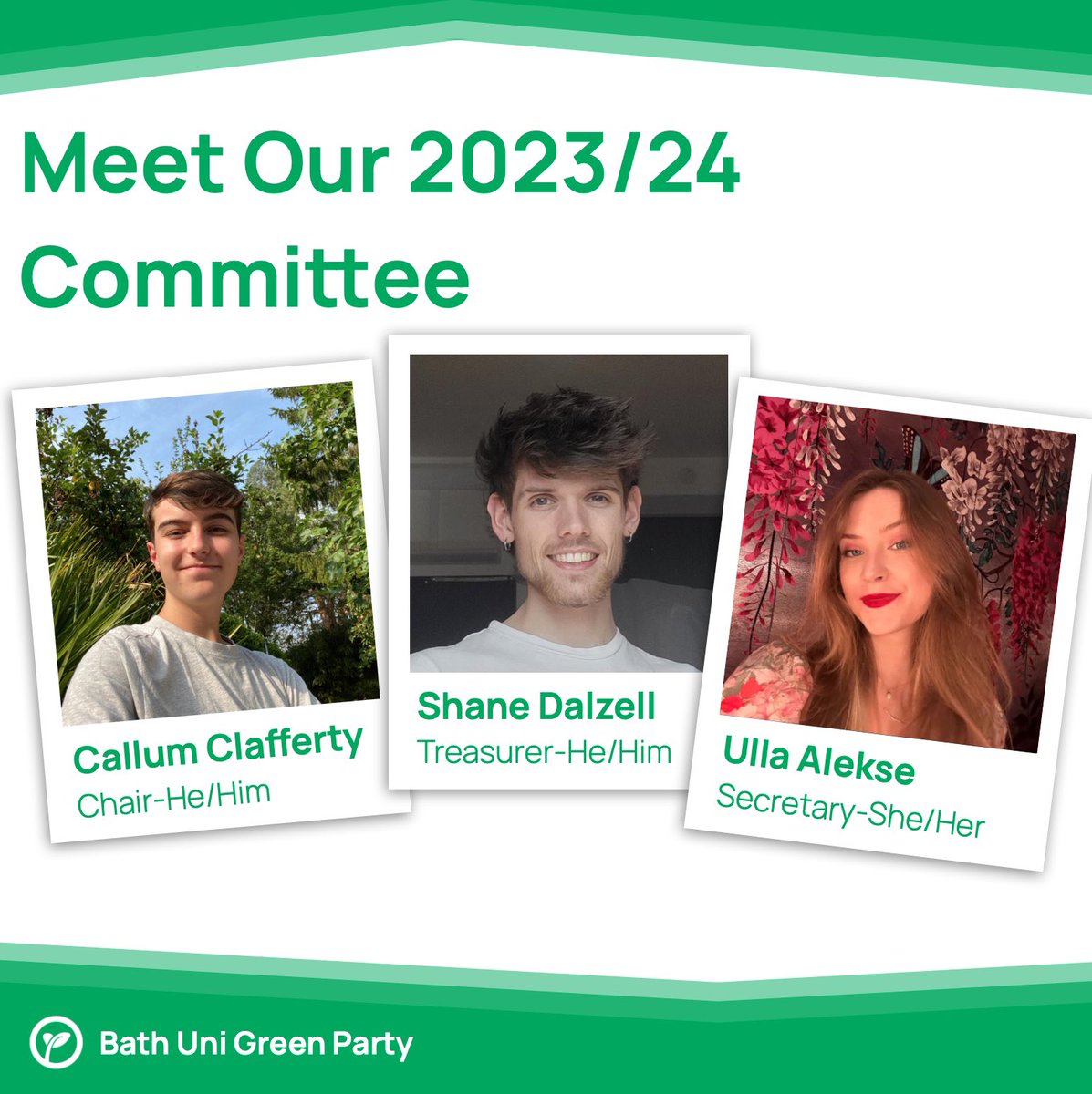 bathunigreens's tweet photo. Meet our new committee!

🪑 Chair: Callum (he/him) final year Politics and International Relations
 
💷 Treasurer: Shane (he/him) third year Electrical and Electronic Engineering 

✍️ Secretary: Ulla (she/her) final year Politics and International Relations https://t.co/2chMymlHdO