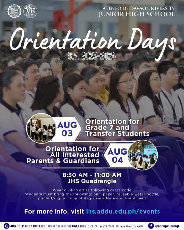 AdDU_JHS's tweet photo. INVITATION | We are inviting our Grade 7 and transfer students and all interested parents and guardians to attend the JHS ORIENTATION on August 3 and 4 respectively See poster for more details. 💙

For other events, visit https://t.co/hmWbLVCQv9

#aimhighataddujuniorhigh https://t.co/D9pHyHLUuT