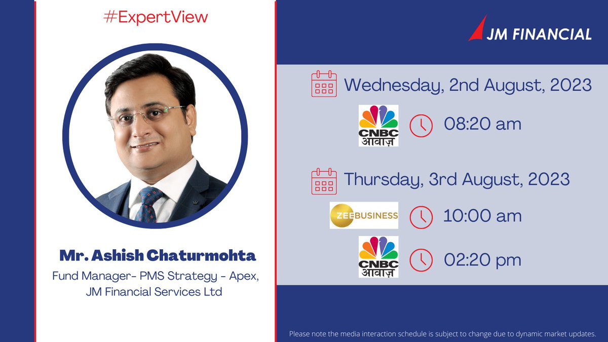 Watch Mr. Ashish Chaturmohta, Fund Manager, PMS Strategy - Apex, JM Financial Services Ltd. live on the below media interactions this week. #JMFinancial #50yearsOfJMFinancial #expertspeak #mediainteraction #leadership