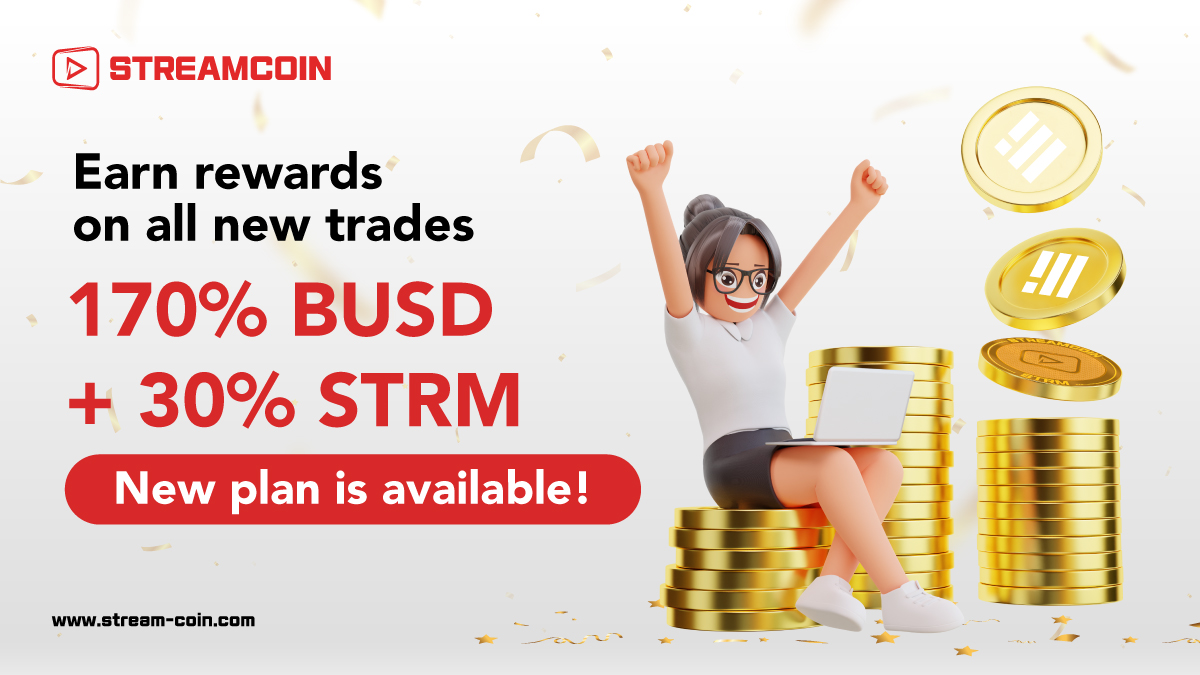 streamcoin_strm's tweet photo. ⚡️ Register, trade, and enjoy the highest trading rewards with #STRM!
🤩 Introducing the new #STRMTrade plan, a simple way to get 170% $BUSD and 30% $STRM rewards sent to you every week and month.
💸 Ready to fly your returns off the charts? Start today at https://t.co/NaX4dDMqzM
#StreamCoin #BUSD #CryptoCommunity #Rewards #BSC #cryptocurrency #CryptoTwitter #cryptonewstoday #Traders