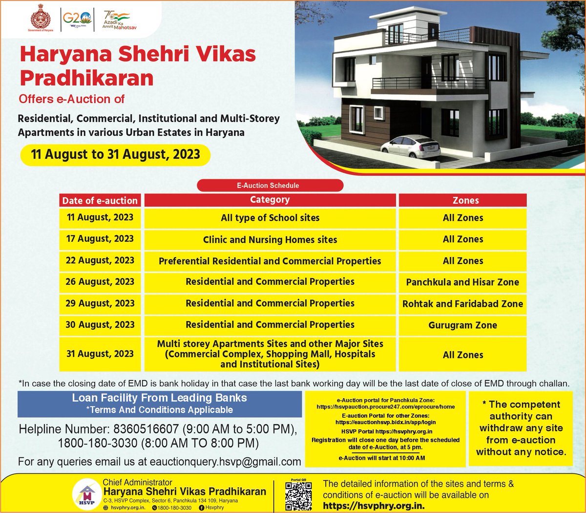 Haryana Shehri Vikas Pradhikaran announces e-auction for Residential, Commercial, Institutional, and Multi-Storey Apartments in various Urban Estate in Haryana from 11th August to 31st August, 2023.
#eauction #Haryana