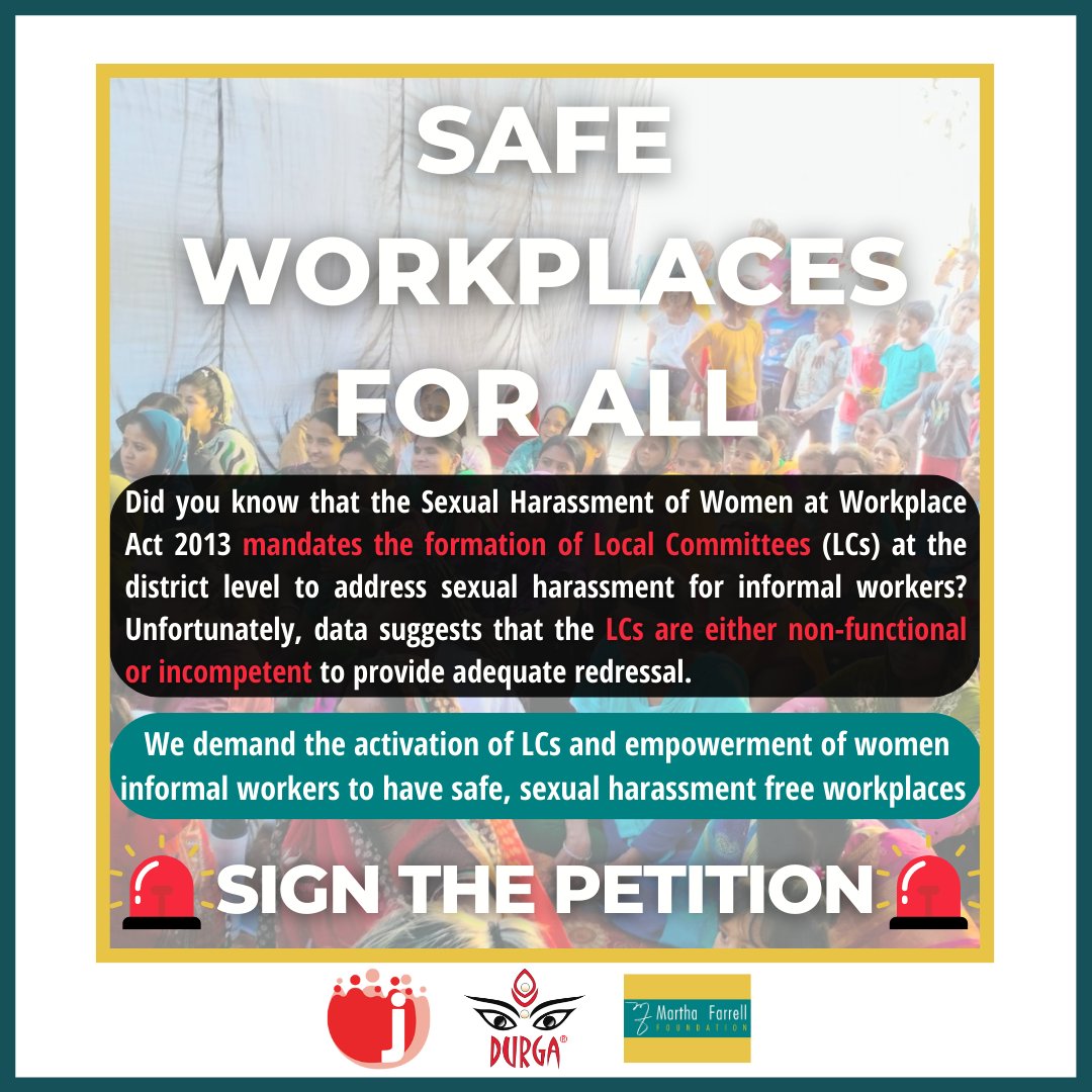 FoundationMf's tweet photo. 📢SIGN THE PETITION📢
@Jhatkaadotorg, @DurgaIndia1 & MFF have started a campaign demanding #SafeWorkplaces & the activation of #LocalCommittees in all districts.
Show your support in ensuring #SexualHarassment free workplaces for women #InformalWorkers➡️ https://t.co/wiFHoqP9v5 https://t.co/pD2D111cWP