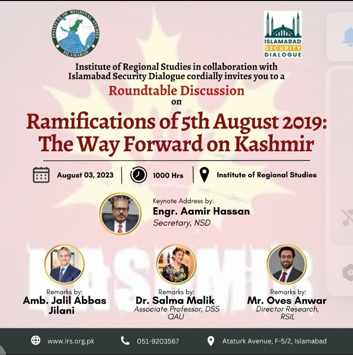 Be part of an insightful discussion jointly organized by @IRSIslamabad and @IsbDialogue  titled 'Ramifications of 5th Aug 2019: The Way Forward on Kashmir' on Thursday, 3 Aug 2023 at 1000 hrs. 
@KCPak4 @ForeignOfficePk @rsilpak @JalilJilani @smalik480
@QAU_Official
More details👇