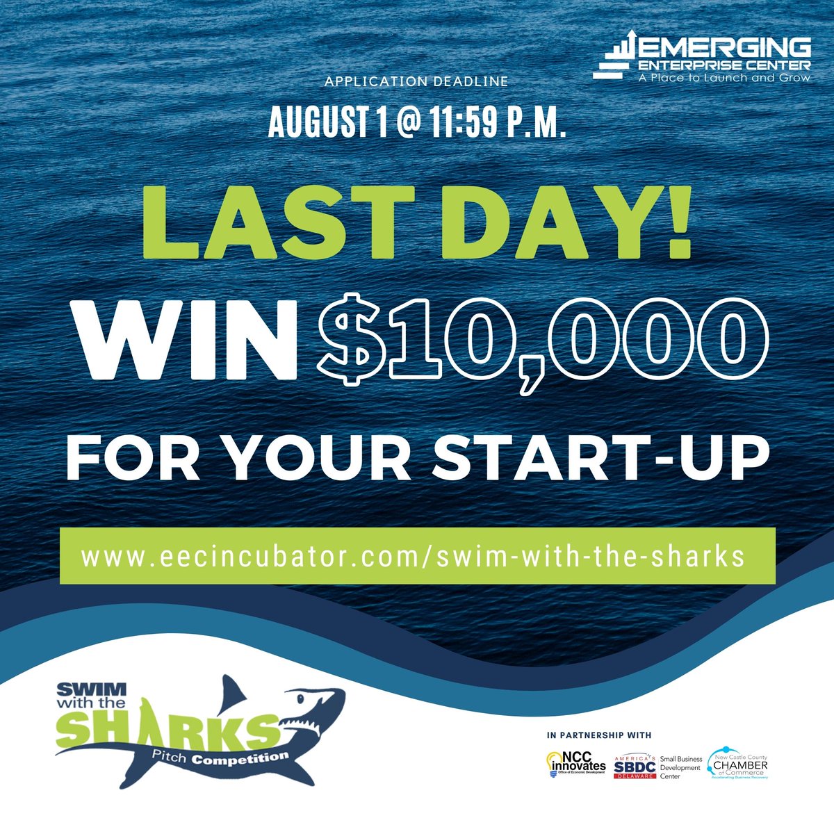 LAST DAY! WIN $10,000 FOR YOUR STARTUP! 💰

Apply by August 1, 2023, at 11:59 p.m. EST: buff.ly/30dphgr

In partnership with Delaware Small Business Development Center, New Castle County Chamber of Commerce, and NCC Innovates.