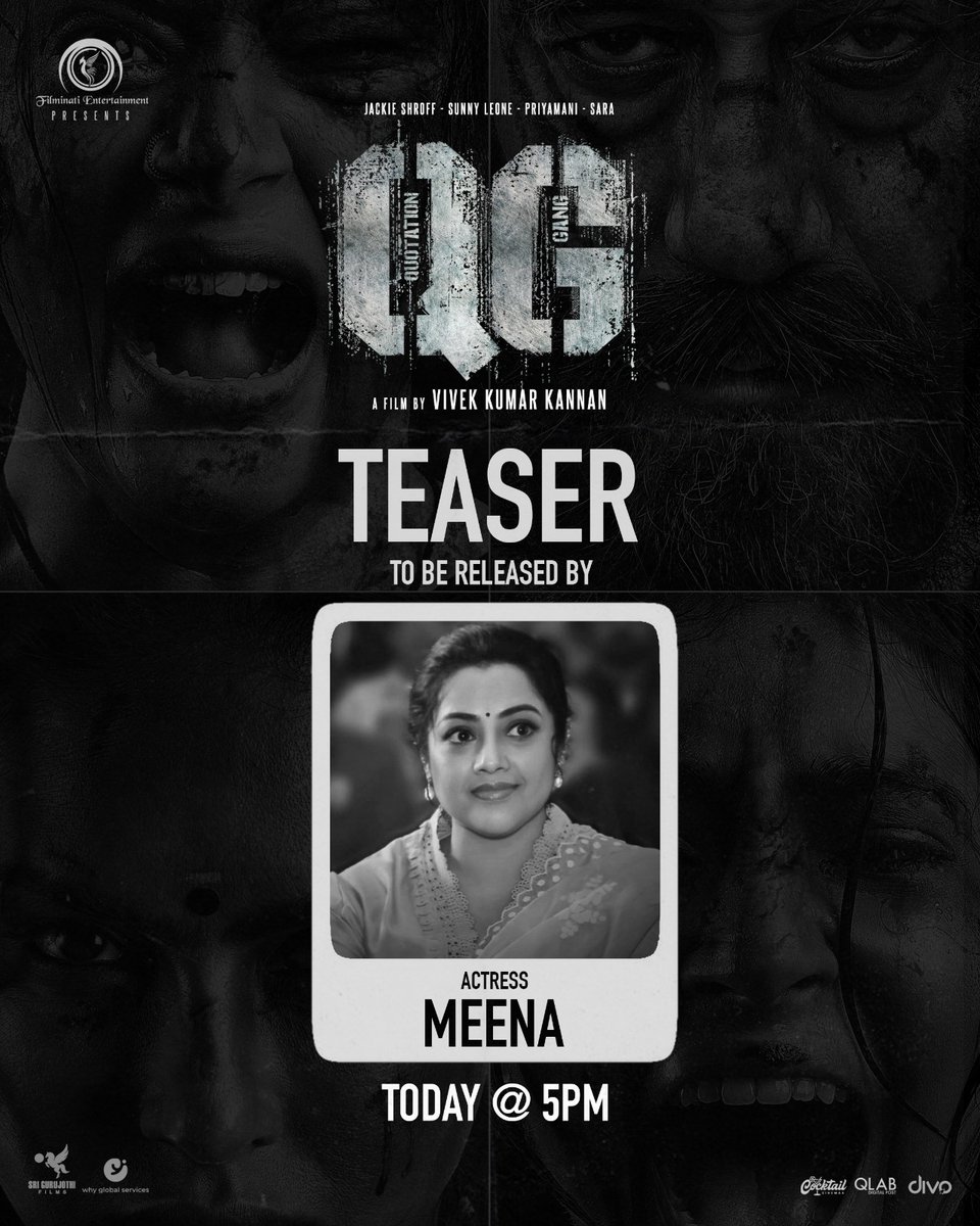 #QGtheMovie Teaser launch by @SasikumarDir #ActressMeena & #KSRavikumar Today @ 5 PM

@vivekkumarknan @I_m_Gayathri @Its_Filminati @WHYmedia1 @bindasbhidu @sunnyleone @priyamani6 #saraarjun @drumssivamani @Dop_arunbathu @editorvencut @Itsjosephjaxson @donechannel1 @CtcMediaboy