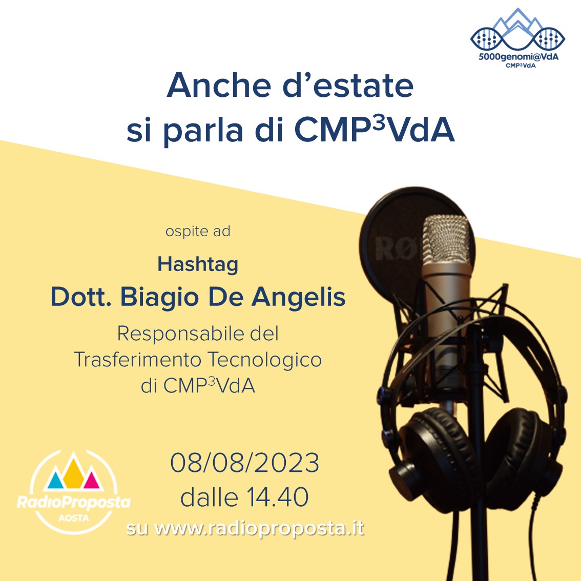 5000genomiVdA (@5000genomi) on Twitter photo 📻 A <a href="/RadioPropostaAO/">Radio Proposta inBlu</a> si parla di #CMP3VdA. Da oggi, tre ospiti racconteranno la collaborazione con l’Ospedale "Umberto Parini" di #Aosta, il ruolo dei #donatori di sangue nella #ricerca, il #sequenziamento del DNA nella società futuro.
📣 Sintonizzati dalle 14:40 su Hashtag! 📻 A <a href="/RadioPropostaAO/">Radio Proposta inBlu</a> si parla di #CMP3VdA. Da oggi, tre ospiti racconteranno la collaborazione con l’Ospedale "Umberto Parini" di #Aosta, il ruolo dei #donatori di sangue nella #ricerca, il #sequenziamento del DNA nella società futuro.
📣 Sintonizzati dalle 14:40 su Hashtag!