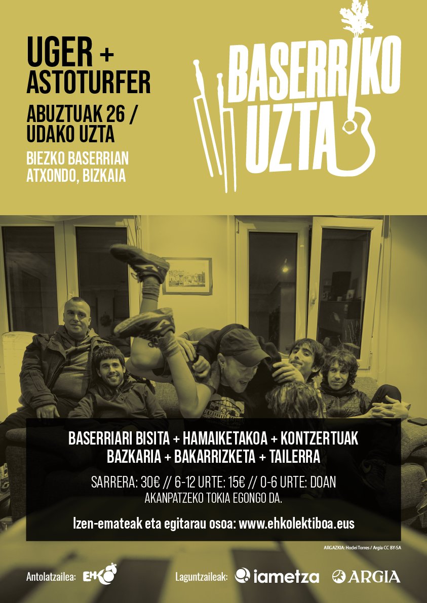 EHKOlektiboa's tweet photo. ☀️Badator @BaserrikoUzta!☀️
🗓️Abuztuak 26, larunbata.
📍Biezko baserrian, Atxondo (Bizkaia).
🎸UGER taldearen kontzertua🔥
🔹Sarrerak: https://t.co/P4UVRv6QBe 

Ikus egun osoko egitaraua 🔍
Akanpada egiteko lekua egongo da! ⛺️✨
#Animatu! #Zabaldu! https://t.co/T5KONwV7vh