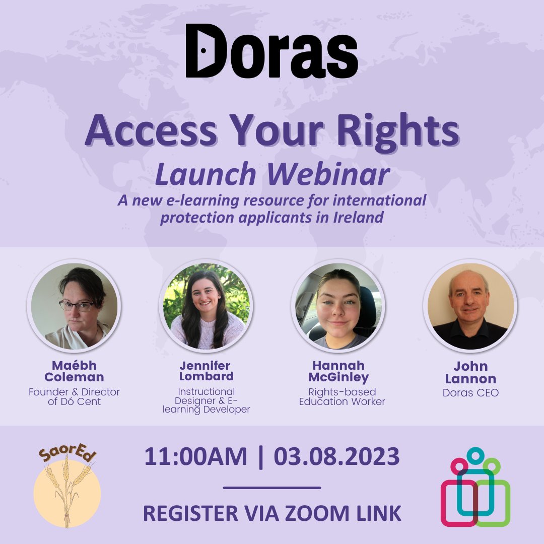 saor_ed's tweet photo. ⭐️ @DorasIRL will host an online webinar to introduce our new @_IHREC supported 'Access Your Rights' e-learning resource for international protection applicants in Ireland. It will begin at 11:00am on Thursday, 3rd August. Register to join the event https://t.co/gwItwxS1sA https://t.co/d5TzANXG40