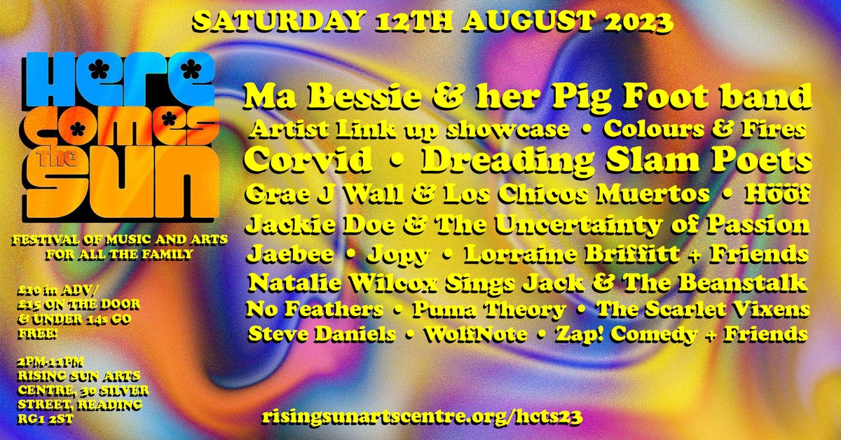 Speaking of <a href="/RisingSunArts/">Rising Sun Arts</a>, their <a href="/HCTSFest/">Here Comes The Sun</a> makes this list this month, too - three stages with all manner of musicians (and more) including <a href="/MaBessieBand/">'Ma Bessie'</a>, <a href="/Jopymusic/">Jopy</a>, <a href="/folk_note/">WolfNoteFolk</a>, <a href="/GraeJ/">Grae Wall</a> and many more we can't tag here, all on Sat 12 August!