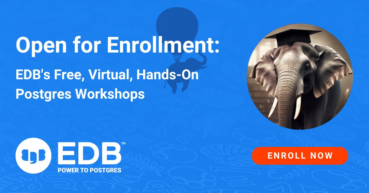 Jumpstart your #Postgres journey and get free training from the world’s top Postgres contributors!

With over 30K trained pros &amp; courses like Designing and Managing Postgres #Databases, these instructor-led, hands-on, FREE #workshops are a can’t miss.

okt.to/Z3HVg0
