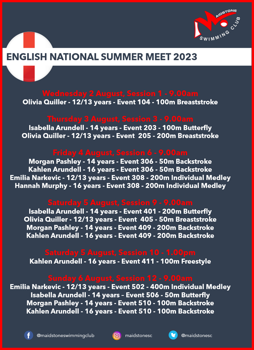 maidstonesc's tweet photo. It's back to Sheffield and Ponds Forge from tomorrow for the next 5 days for our final competition of the season.

🍀🍀🍀GOOD LUCK 🍀🍀🍀to Bella, Kahlen, Hannah, Emilia, Morgan and Olivia who will be racing at the @Swim_England National Summer Meet.

#proudclub https://t.co/pkZRFqxwhd