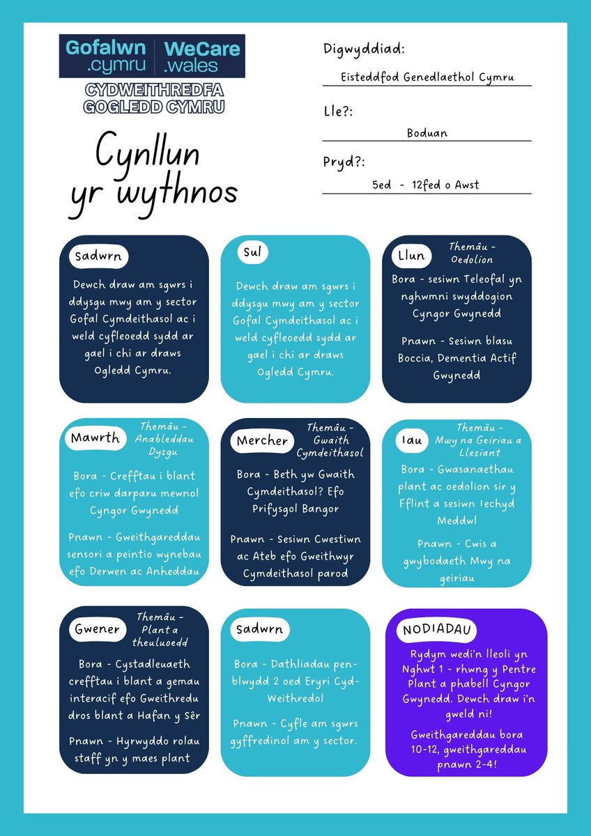 Diddordeb yn y byd Gofal?
Eisiau gwybod pa rolau sydd ar gael yn eich ardal chi?
Dewch i ffeindio y stondin rhwng pabell Cyngor Gwynedd a’r Pentre Plant yn yr Eisteddfod Genedlaethol ym Moduan wythnos nesaf!
Dyma beth sydd ymlaen...
#steddfod2023 #gofal #gwaithgwynedd
