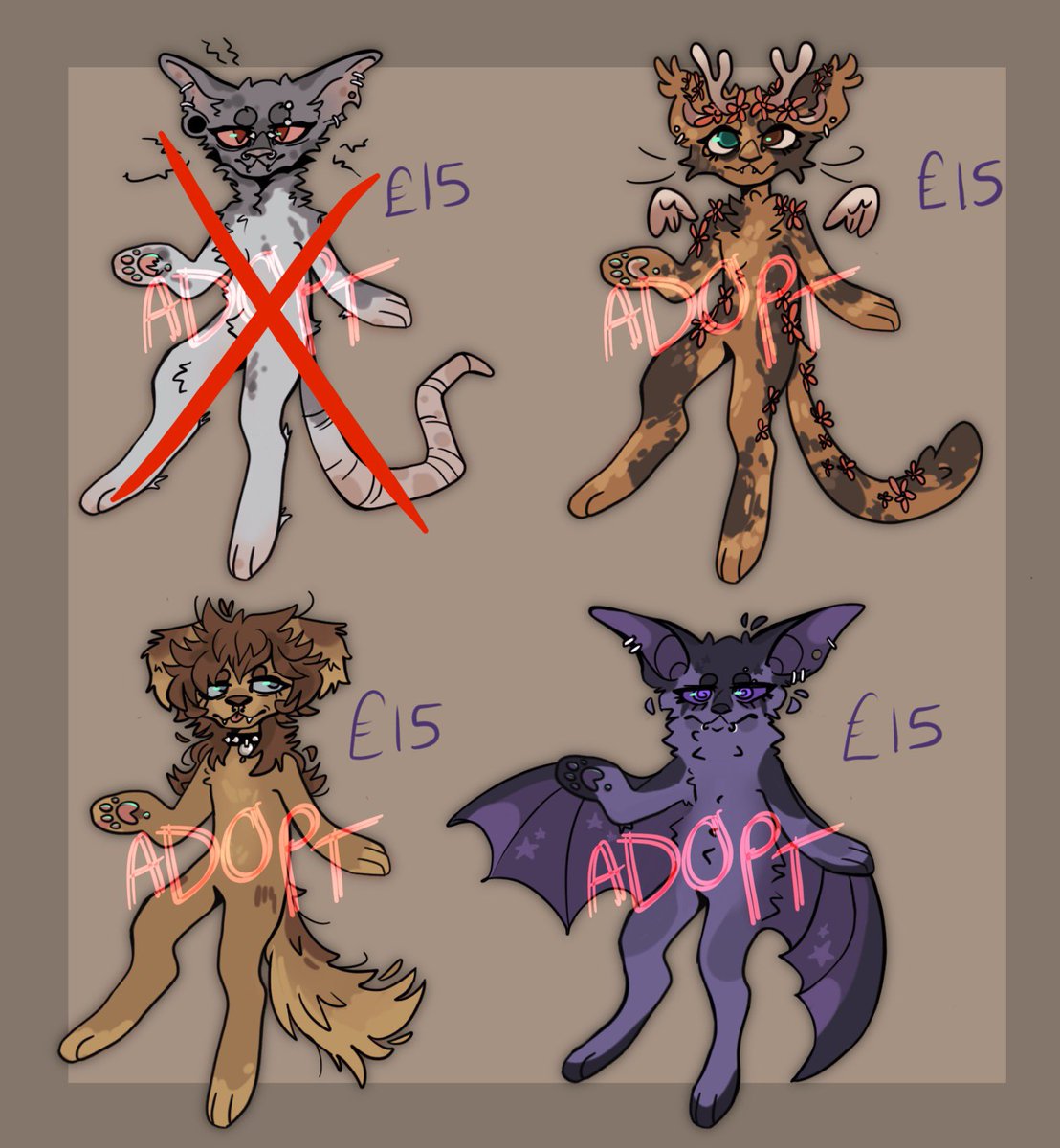 goodnightcatboy's tweet photo. Selling adopts. Moth ones are £10, rest are as labelled.
Message to buy, buying an adopt from me gets you £5 off any future commissions from me using that design.
#adopts #furry #furryadopts https://t.co/5QxlMfOvic