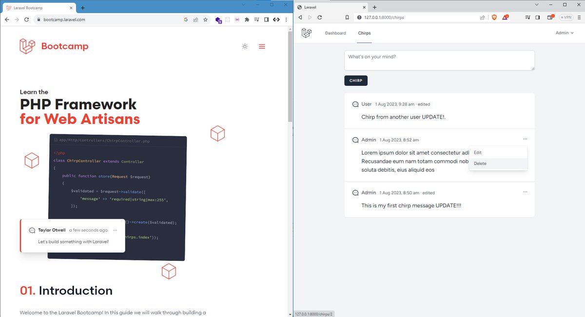 leocsdev's tweet image. #100DaysOfCode
#Day2 Followed and created the Laravel Chirp App from Laravel Bootcamp
bootcamp.laravel.com