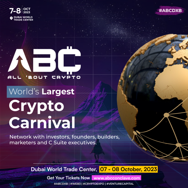 abc_conclave's tweet photo. Don't miss out on the World's Largest Crypto Carnival of the year!  

Join us at the #ABCConclave in #Dubai and discover the limitless potential of Web 3.0 & Blockchain.  

Elevate your knowledge, network with industry leaders, explore cutting-edge solutions, and celebrate innovation at the prestigious ABC Awards.  

Get ready to be dazzled by the future of blockchain and its endless possibilities. 

📍Where: Dubai World Trade Centre 
📅 When: 7 - 8 October, 2023 

⏰ Hurry! Early Bird Discount valid till 15th August 2023 only! 
Book your tickets today to secure your spot at #ABCDXB 🎟️: https://t.co/VwRcEk96Yr 

#ABCDXB #AllBoutCrypto #ABCConclave #ABCDubai #WEB3 #Crypto #ABC2023 #AllBoutCrypto #Blockchain #Fintech #Ethereum #Bitcoin #Cryptocurrency #CryptoNews  #CryptoConference #NFT #DeFi #Web3 #Metaverse #FutureTech #Web3Community #BlockchainEvent #DWTC #Dubai #DubaiNews