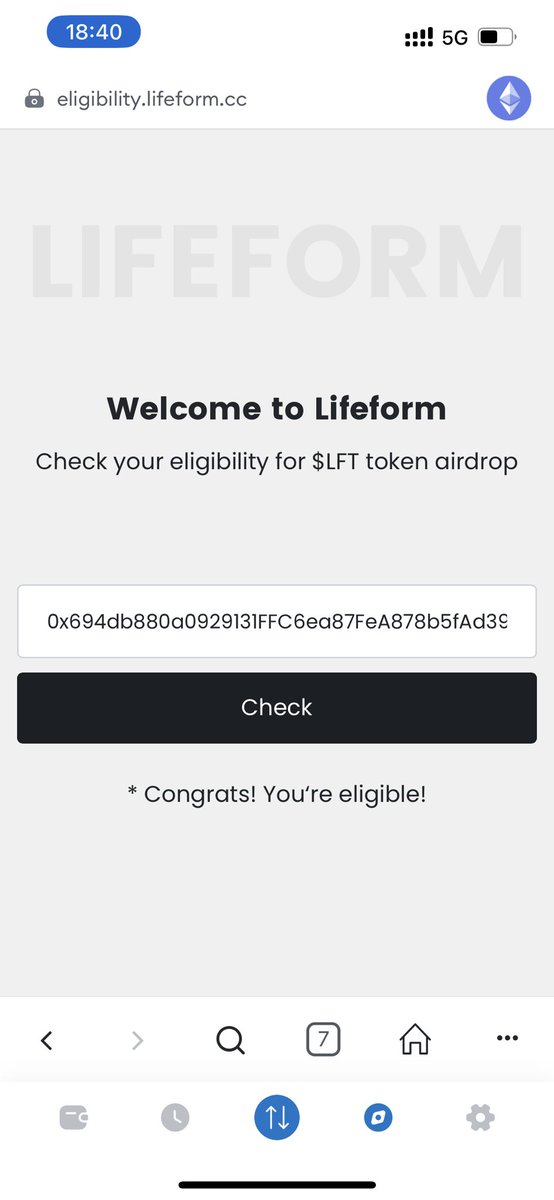 LifeForm 空投资格查询：eligibility.lifeform.cc

如果你和我一样显示，恭喜你有空投！