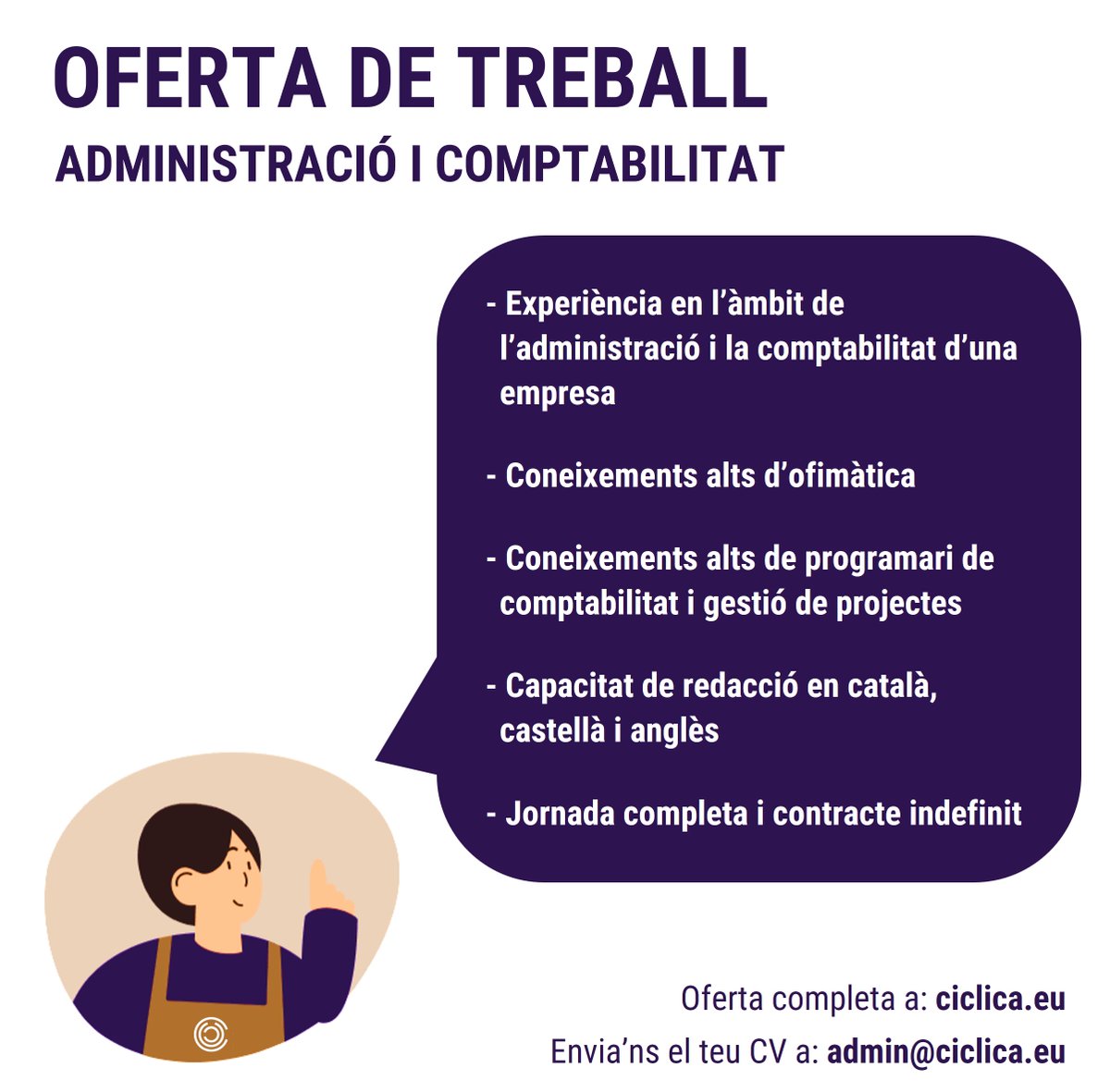 ciclica_arq's tweet photo. #OFERTAFEINA! 

📣Busquem una persona de l'àrea d'administració i comptabilitat! Si tens experiència i ganes de treballar en equip, envia'ns el teu CV a admin@ciclica.eu! 🙌☺️
Trobaràs l'oferta completa a https://t.co/MHocW2DcgD 🧵 https://t.co/zs3MSTLyzi