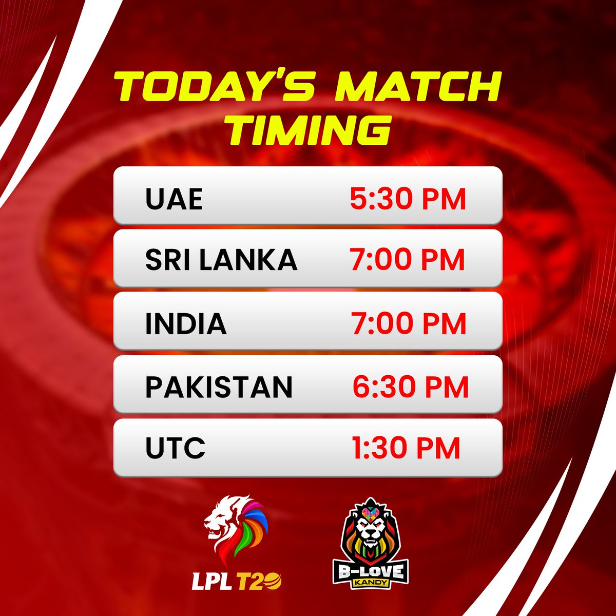 BLoveKandy's tweet photo. ๐๐ Today's Match Timings Around the World!
Get Set, Ready! ๐๐
#BLoveKandy #LPLT20 #LPL2023 #MatchTime #BLoveNetwork #LPLLive https://t.co/NgceMIwgkA