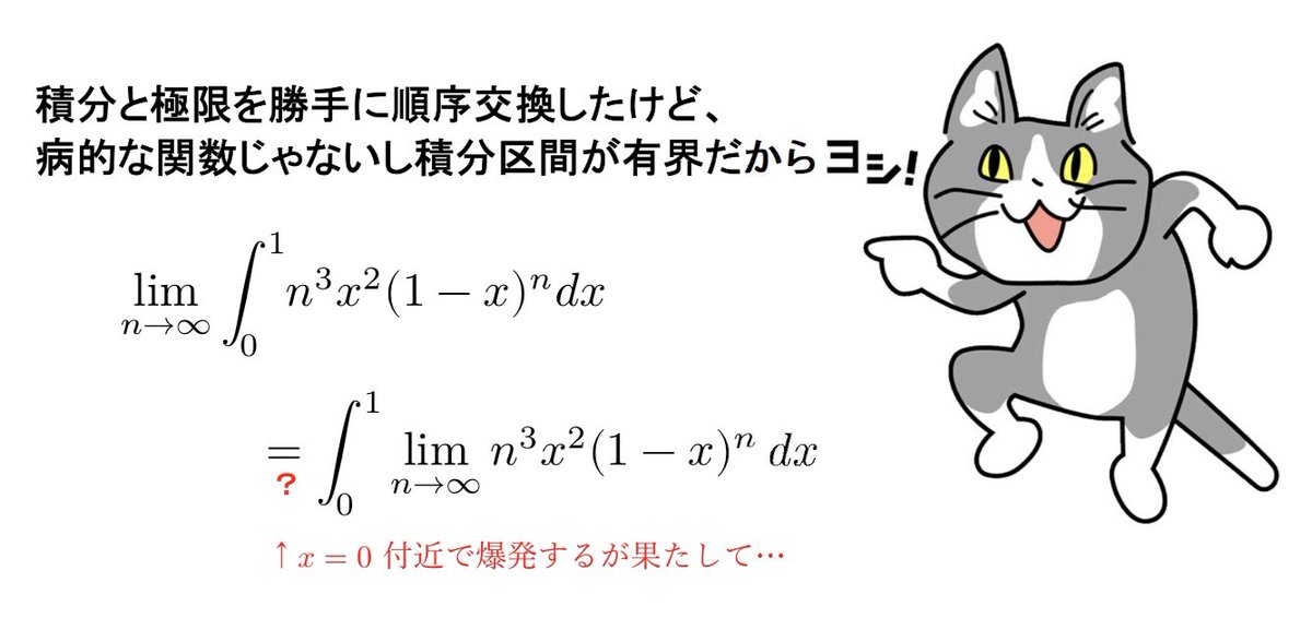 keisankionwykip's tweet photo. 積分と極限を順序交換するときに尤もらしく「滑らかだから」とか「遠方で十分速く減衰するから」とか言う人がいますが、全然無関係で間違いです。
「積分区間が有界で一様収束するから」「可積分関数で抑えられるから」「一様絶対連続可積分かつ測度的に緊密だから」なら本当にヨシ(十分条件)です。 https://t.co/lxOCFDWkFh
