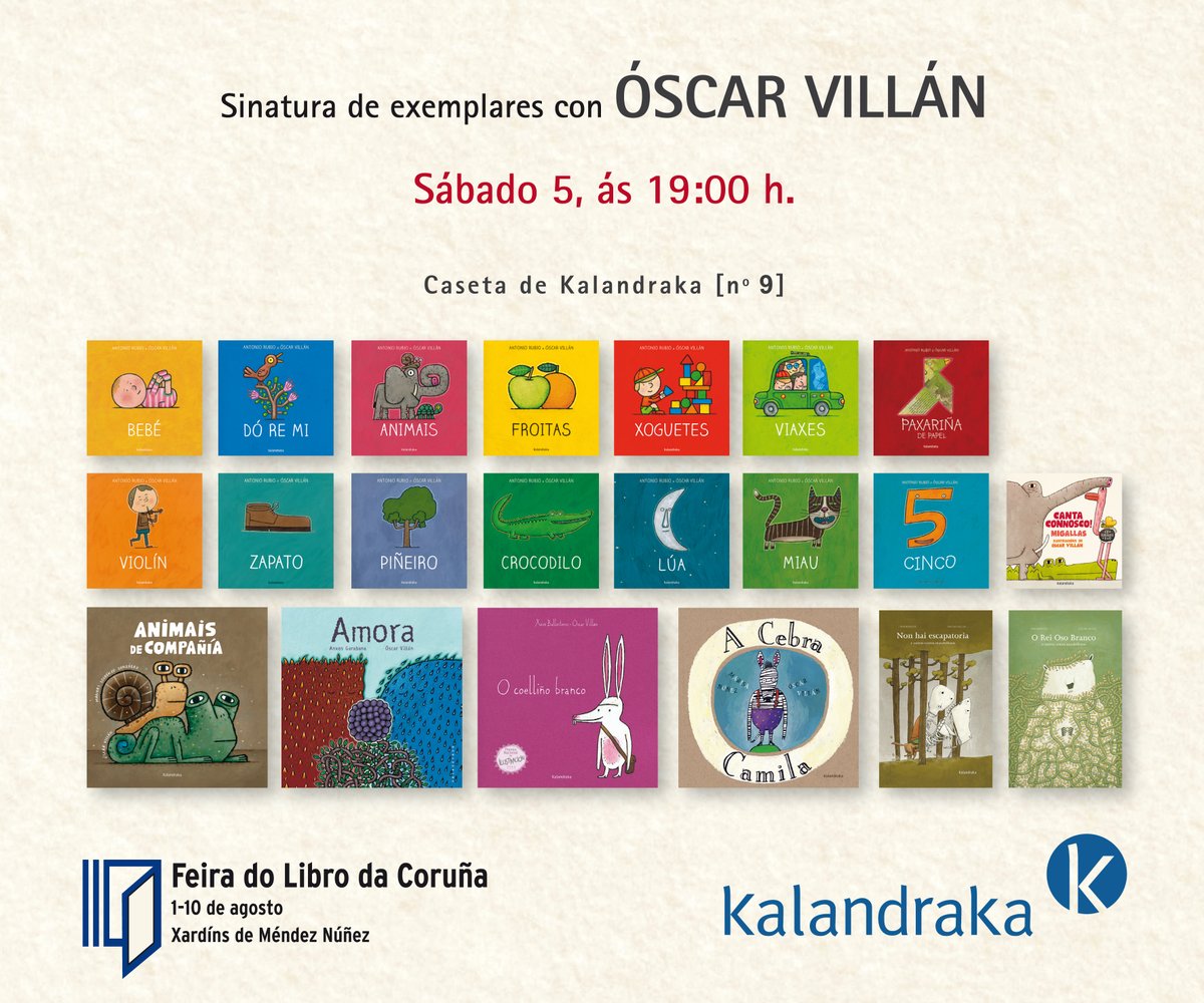 KalandrakaEdit's tweet photo. Mañá ás 19h #BibianaCandia e #XoseCobas asinan #Azucre na caseta de @LibreriaLume
Volverá #DavidPintor (venres) a presentar #TartarugaVsLebre
Sumaranse #OscarVillan (sábado) #KikoDaSilva (domingo) e #FernandoPerezHernando (martes) contaranos #Chuvisca
🗓️https://t.co/WLf8a87uAk https://t.co/rmbFoOVldi