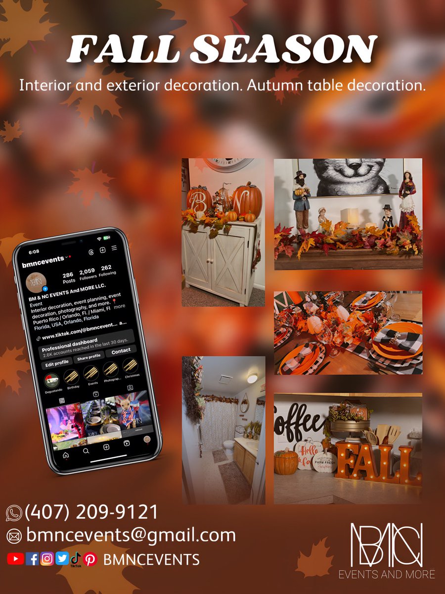 bmncevents's tweet photo. The favorite season of many is coming. If you want your house to look fabulous with this beautiful season, you can contact (407) 209-9121 and we will gladly help you. 🍁🍂

#BMNCEventsAndMore #BMNC #Fall #Otoño #falldecorations #decor #miami #tampabay #FloridaCentral #Orlando https://t.co/QMbPGwVvxw