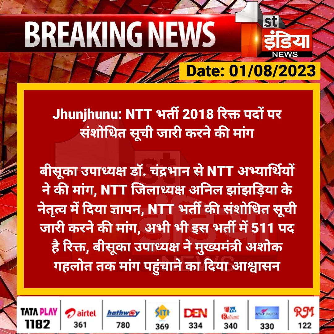 #Jhunjhunu: NTT भर्ती 2018 रिक्त पदों पर संशोधित सूची जारी करने की मांग

बीसूका उपाध्यक्ष डॉ. चंद्रभान से NTT अभ्यार्थियों ने की मांग, NTT जिलाध्यक्ष अनिल झांझड़िया के नेतृत्व में दिया ज्ञापन...

#RajasthanWithFirstIndia #RajasthanNews #ashokgehot <a href="/ashokgehlot51/">Ashok Gehlot</a> <a href="/Drchandrabhan52/">Dr. Chandrabhan</a>