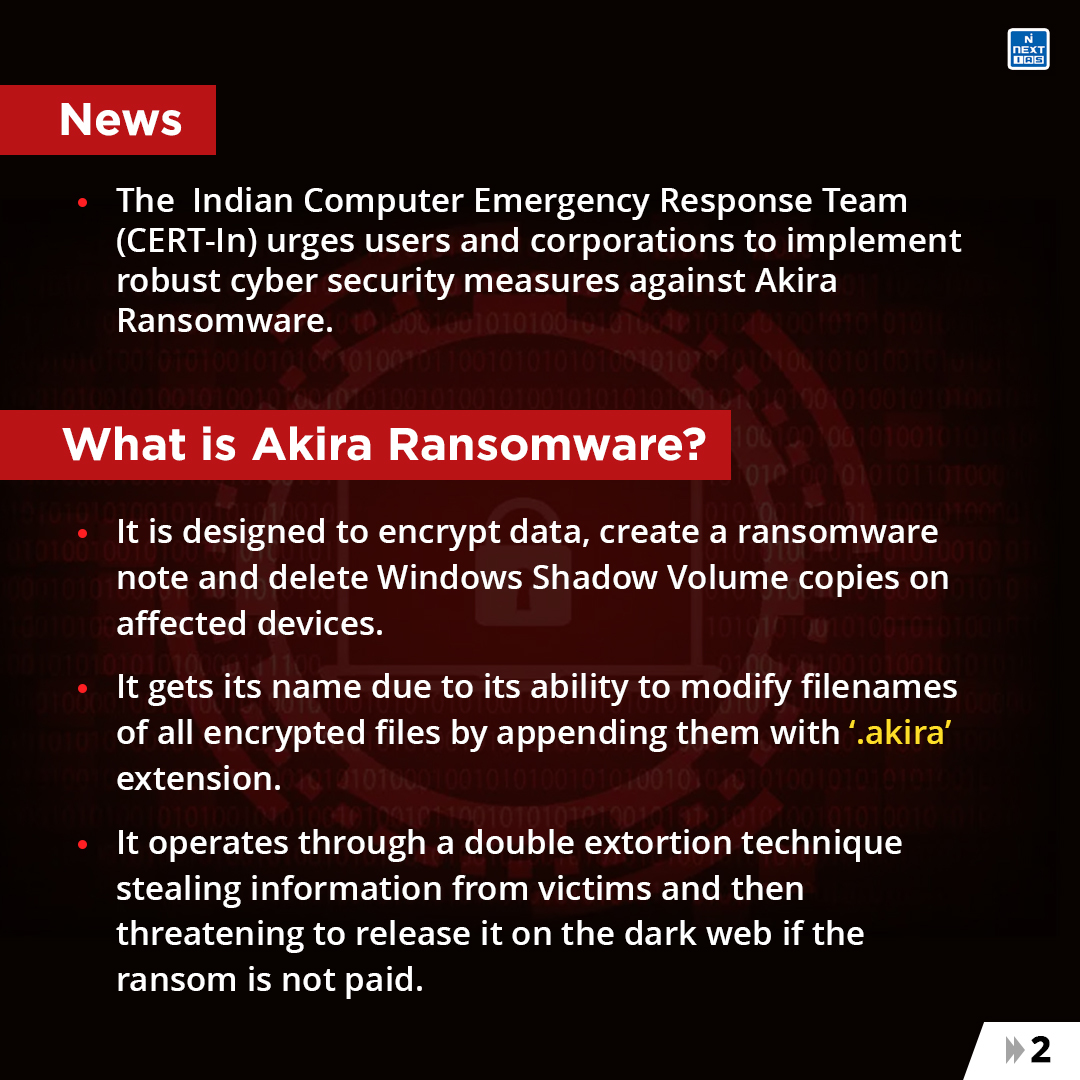 NEXTIAS_Delhi's tweet photo. 𝐃𝐚𝐢𝐥𝐲 𝐈𝐧𝐟𝐨𝐠𝐫𝐚𝐩𝐡𝐢𝐜𝐬 (01-08-2023)
𝐓𝐨𝐩𝐢𝐜: Akira Ransomware
For more infographics: https://t.co/lPui73eUeY
#infographics #nextias #ias #august2023 #August1 #AKIRA #akiraransomware #cybersecurity #cybersecuritytips #cybersecuritynews #cert #encryptdata #encryption #cybercriminals #Malicious #maliciousfile #criticaldata #multifactorauthentication