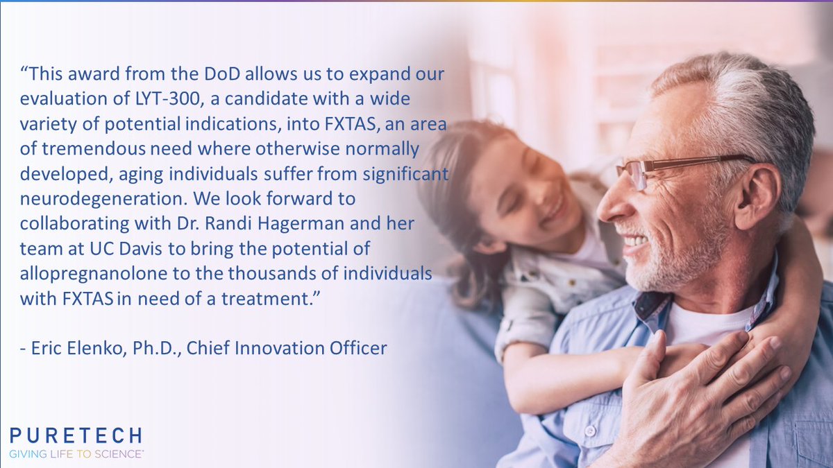 PureTechH's tweet photo. Excited to share we've received a @DeptofDefense grant up to $11.4M for our Ph2 trial of LYT-300 (oral #allopregnanolone) in Fragile X-associated Tremor/Ataxia Syndrome #FXTAS. LYT-300 is derived from our Glyph platform, which enables oral administration https://t.co/ZYB98VA8Yb https://t.co/ykuEApEkR6