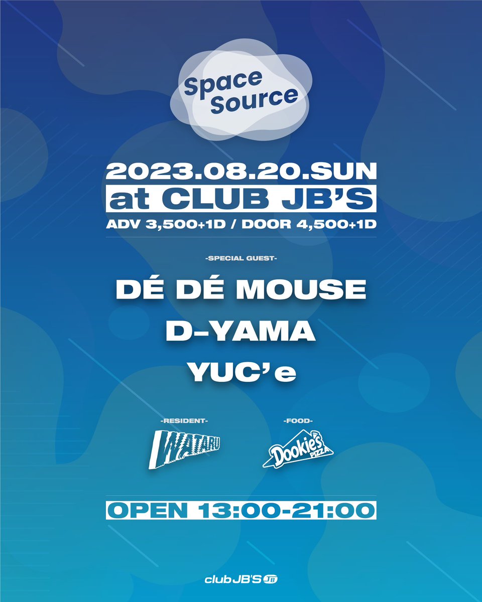 SpaceSource_ngy's tweet photo. 🌟 情報解禁 🌟

2023.8.20(日)｜13:00-21:00
『𝑺𝒑𝒂𝒄𝒆 𝑺𝒐𝒖𝒓𝒄𝒆』Vol.10 @clubjbs 

✦ Special Guest ✦
・DÉ DÉ MOUSE
・D-YAMA
・YUC'e

#スペソー 記念すべき10回目の開催🎊
今回も豪華ゲスト3組の出演が決定！！
ピザもあるよ🍕

🎟️ 𝗧𝗜𝗖𝗞𝗘𝗧
▶︎ https://t.co/oaPeykXNbP https://t.co/HV65lQG9zx