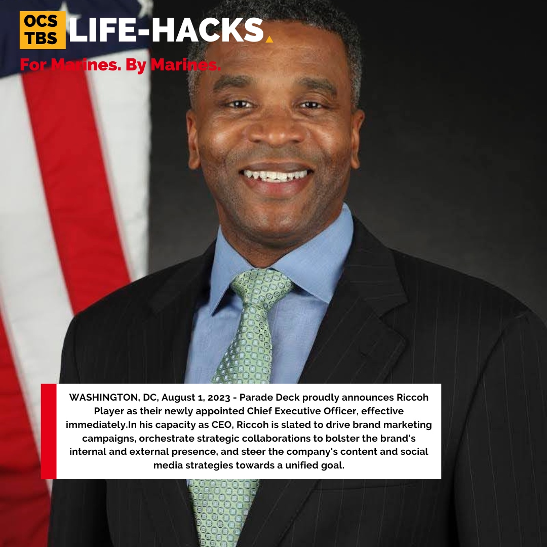 MarineOCSBlog's tweet photo. WASHINGTON, DC, August 1, 2023 - Parade Deck proudly announces Riccoh Player (@motiv8ah) as their newly appointed Chief Executive Officer, effective immediately.⁠
⁠https://t.co/BBaLtUnHZQ
⁠
#paradedeck #marinecorps #army #navy #coastguard #airforce #spaceforce https://t.co/uDTkS1JOQE