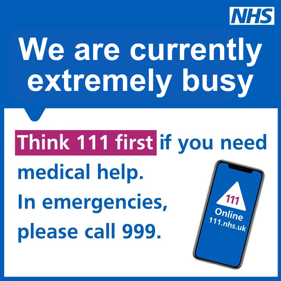 NHSLincsICB's tweet photo. We are extremely busy today and urge you not to attend A&amp;E or call 999 unless it is an emergency. If it’s not an emergency but you need medical help, dial 111 or use NHS 111 online - https://t.co/Sq76Q55DCl – or use local services such as pharmacies and GPs. https://t.co/BY3Er708N9