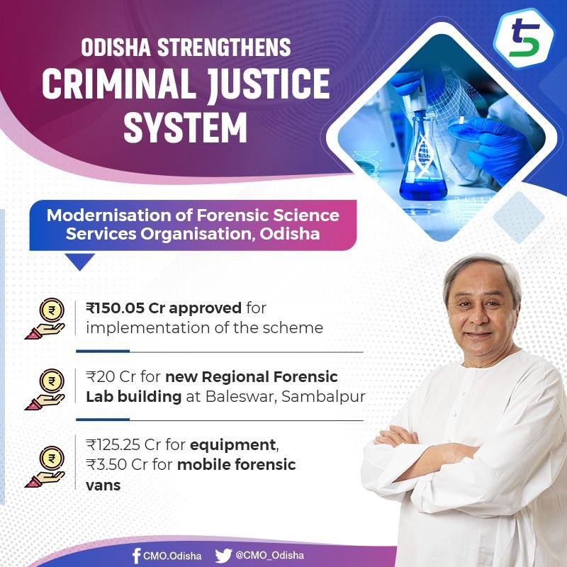 CMO_Odisha's tweet photo. With an objective to strengthen criminal justice system in #Odisha, CM @Naveen_Odisha approved ₹150.05 Cr for the ‘Modernisation of Forensic Science Services Organisation, Odisha’ scheme. It will be implemented in a period of 5 years starting 2023-24 to 2027-28.    

As part of #5T model, the scheme has specific objectives that include expeditious disposal of cases, strengthening of forensic labs in the state, at regional & district levels, improvement of scientific probe, use of modern tech & strengthening of prosecution to enhance conviction rate.    

The total amount has various components for expenditure including ₹20 Cr for new Regional Forensic Laboratory building at #Baleswar and #Sambalpur, ₹125.25 Cr for equipment and ₹3.50 Cr for mobile forensic vans and other expenditure.