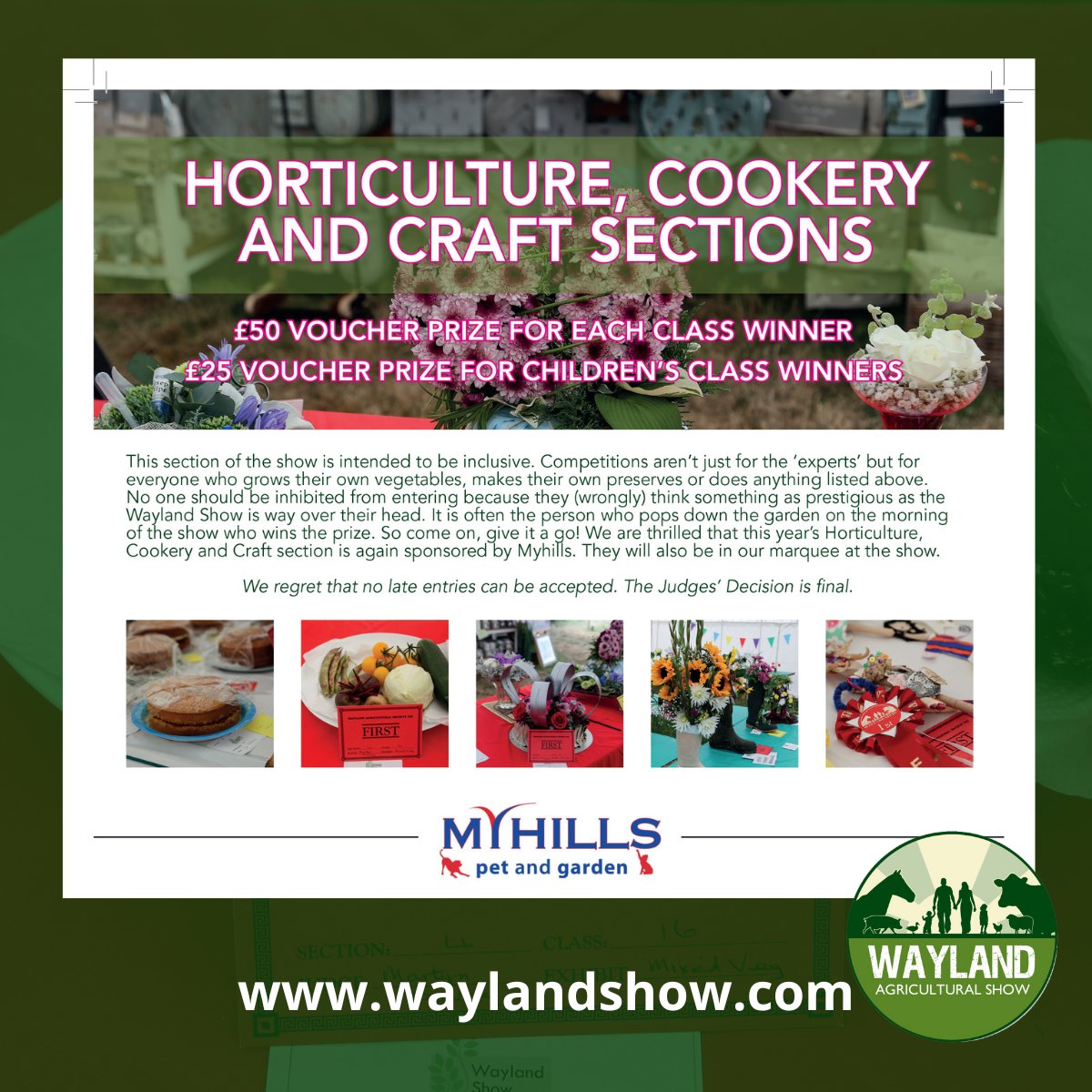 WaylandShow's tweet photo. A big thanks to Myhills for sponsoring our horticulture, crafts, and cookery section this year. This fun and friendly competition is open to everyone - so if you are crafty, love to cook or have grown some super fruit and veg this year then why not give it a go. https://t.co/htSim0tZFW