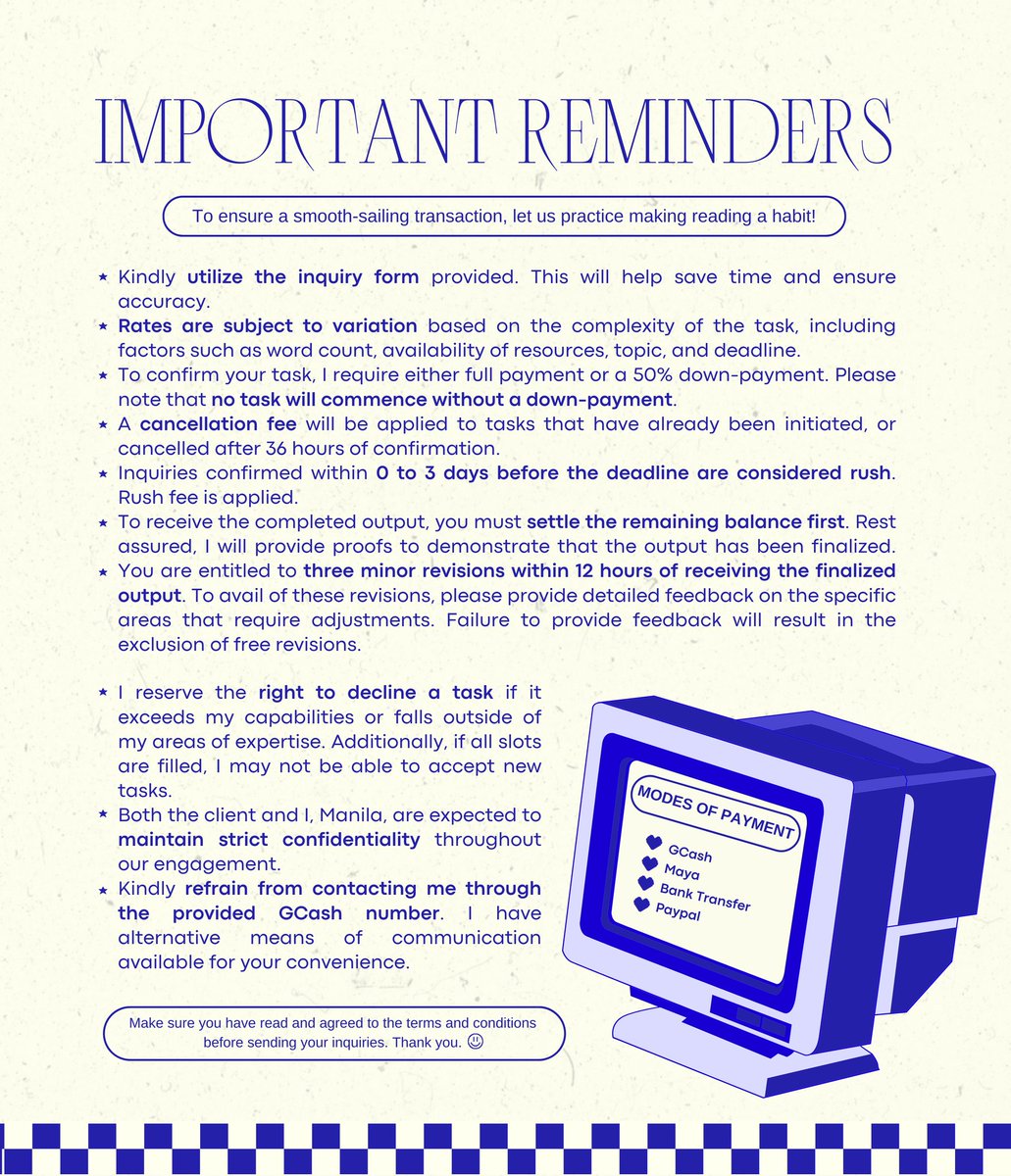 ⋆⋆⋆ — Mabuhay! 💙

I'm Manila, a freelance ghostwriter and graphic designer from the Philippines, here to make your workload lighter. 🤝

Browse through these sheets for more details on how I can be of service! Ⓜ️

#trustmavi