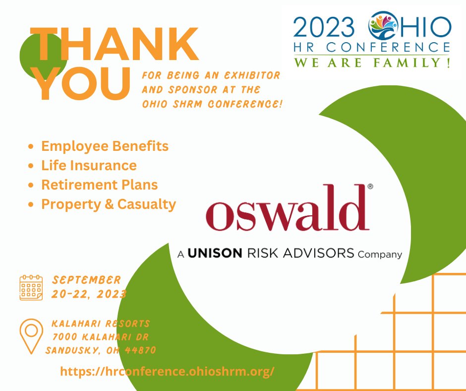 A BIG Thank You to Oswald for being an Exhibitor, and Sponsor, for the Ohio SHRM Conference!!!! #shrmcp #shrmscp #ohshrm23 buff.ly/2FbcfVi